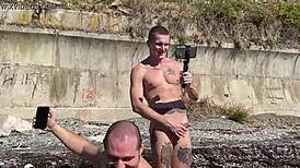 Drunk teens fucking naked with massive hard penis and virgin anal area on tropical beach