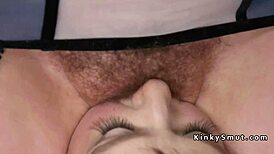 Butt plugged lesbian slave ass whipped hard in kinky BDSM session