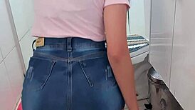 i'm getting a massage from this big tits girl on all fours, her mini skirt riding up as she cleans the floor, panties stuck in her ass, leading to masturbation and sex with my big cock