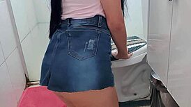 i'm getting a massage from this big tits girl on all fours, her mini skirt riding up as she cleans the floor, panties stuck in her ass, leading to masturbation and sex with my big cock