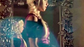 A blonde milf strips naked and gives a clothed guy a blowjob.