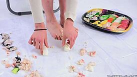 flexible asian girl with a fetish for food and feet during masturbation