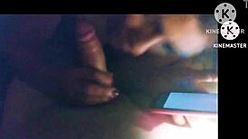 in the room, she starts with oral on his cock, then moves to masturbating her shaved pussy while he enjoys her natural tits