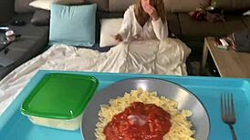 blonde european couple in homemade scene where she swallows big cock cumshot and loves it