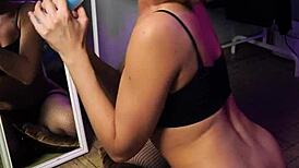 Beautiful girl in cat ears cosplay sucking dildo and riding it passionately