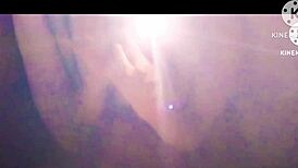 in the room, she starts with oral on his cock, then moves to masturbating her shaved pussy while he enjoys her natural tits