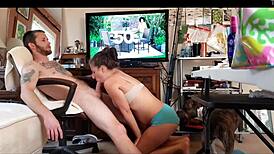 Girlfriend Sucks Cock in Panties Showing Off Her Big Tits