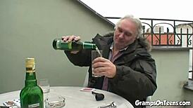 A wild threesome between a mature granny and petite teen