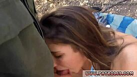 Latina milf deepthroats cop in uniform before fucking in car on the border