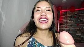 Tattooed teen webcam star swallows dildo deep