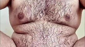 Curious gay chubby man reveals hairy body