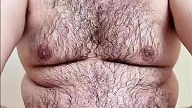 Curious gay chubby man reveals hairy body