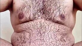 Curious gay chubby man reveals hairy body