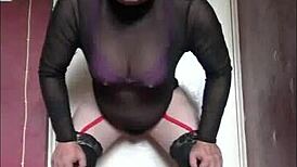 Mark Wright, bisexual crossdressing gay, inserts homemade anal hook in ass, shoots cumshot on floor while jerking cock