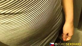 in eurosexdiary, a small-tit euro brunette bends over for a huge cock blowjob and swallows the cumshot