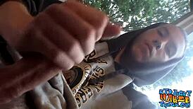 Naked homosexual thug smokes outdoors while masturbating his big hairy cock to cumshot