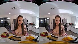 Vrallure brunette masturbates with juicer in stockings, fingering her big tits and anal