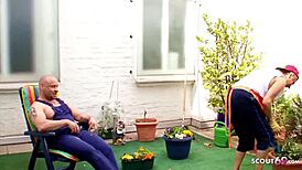 Old German Granny Nailed by Young Studs in Her Garden