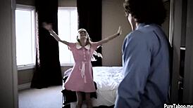 Petite teen trades virginity to save nerdy boyfriend