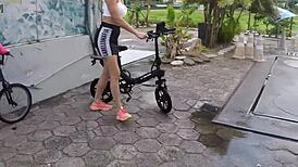 Two Attractive Women Cycling Without Underwear In The Rain