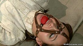 Babe in Straitjacket Gets Suspended and Whipped in Hardcore Kinky Session. Bound Tight for Rough Deepthroat Action.