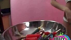 two babes licking popsicles during natural tits photoshoot, leading to orgasm