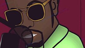 Ebony pornstar sucks black cock in interracial lesbian scene