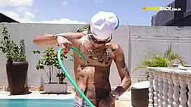 This tattooed guy gets fucked outdoors by the pool in POV.