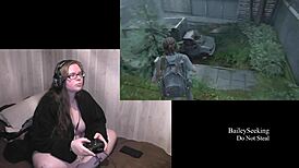 Naked brunette bbw with tattoos and piercings plays Last of Us 2, flaunting her fat ass and natural tits!