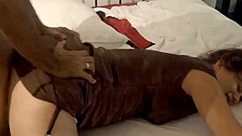 French slut in brown satin dress gets fucked doggystyle with POV blowjob and dirty talk