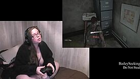 Naked brunette bbw with tattoos and piercings plays Last of Us 2, flaunting her fat ass and natural tits!