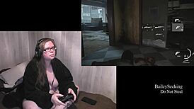 Naked brunette bbw with tattoos and piercings plays Last of Us 2, flaunting her fat ass and natural tits!