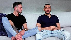 hunky black amateur dominates tattooed muscle jock in raw interracial casting