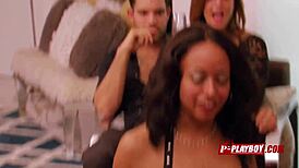 Horny brunette chick bends over for swinger group doggystyle action!