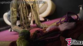 Pet Play Dominatrix Controls Tattoo Cat-Girl with Anal Lesbian Butt Plug and Assfucking