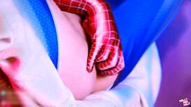 intense mary jane self-fuck in spiderman cosplay suit with big tits and buttplug close-up