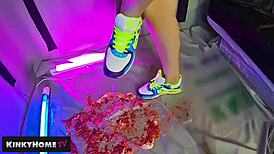 amateurs crush food on feet with sneakers in dirty european fetish play