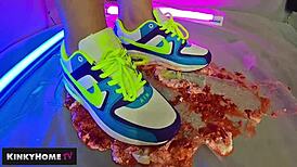 amateurs crush food on feet with sneakers in dirty european fetish play