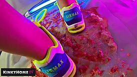 amateurs crush food on feet with sneakers in dirty european fetish play