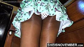 Man, that sexy ebony MsNovember’s curvy booty in polka dot panties while cleaning kitchen is hot!