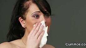 Kinky Babe Receives Facial Cumshot While Gulping Jizz in POV Blowbang.