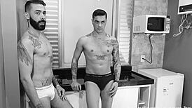 Gay couple with big cocks debuts in porn, exploring monster cocks in their first scene together.