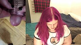 Chubby Tranny Masturbates with Big Cock Toy in POV