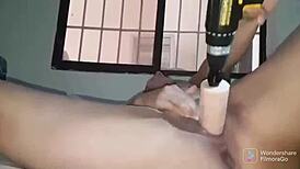 She drills her pussy with a dildo for her master