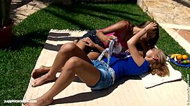 Garden fling with Klara and Katerina, playing naughty with a banana on Sapphic Erotica.