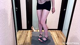 Blonde Milf Mistress Gives Footjob on Desk in POV, Lactating and Cumming