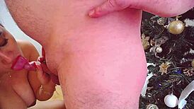 A couple enjoys close-up blowjob with big tits