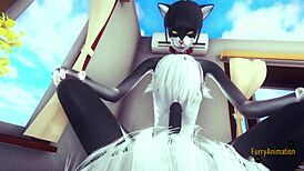 Twin cat furries engage in hard blowjob and fucking with creampie in POV