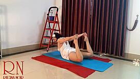 Regina Noir Practices Nude Yoga in White Panties at the Gym with Full Camera View