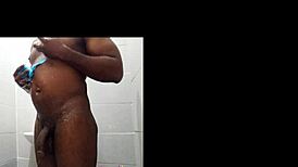 My boyfriend jerks off his big dick in bathroom